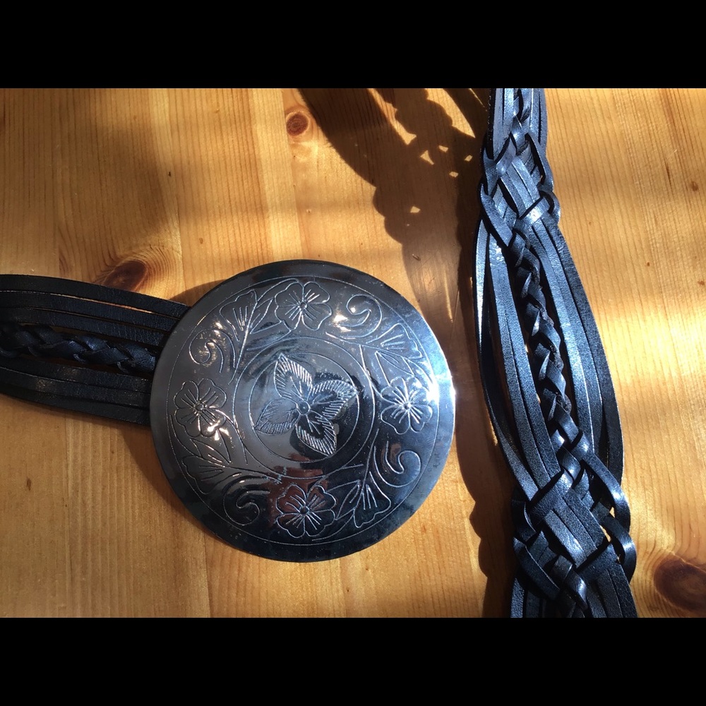 BLACK LEATHER BOHO BRAIDED BELT w/FLORAL CONCHO BUCKLE - Picture 4 of 6